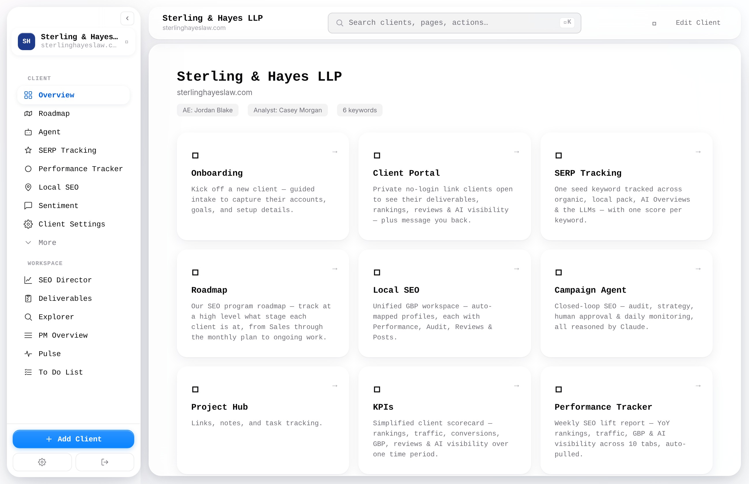 A client's home screen in SEO OS - one card per module